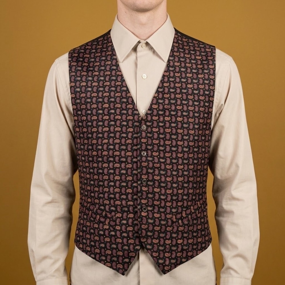 Vintage Robert Stock Silk Paisley Vest Mens Small Black Multi EUC